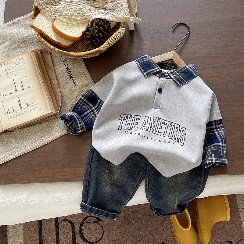 Boys' plaid shirt set 2026 new fashion stylish children's clothing for 1-year-old infants spring and autumn handsome baby boy outfit