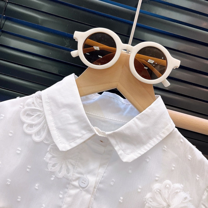 Girls' 2025 Spring Autumn New Cute Mesh Embroidered Patchwork Shirt and Denim Pants Two-Piece Set Trendy