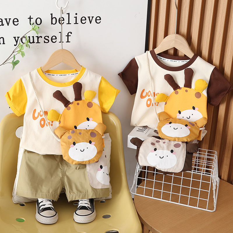 Children's Outfit Set 2026 New Style Boys' Cartoon Bag Short Sleeve Shorts Two-Piece Baby Clothes Summer Trendy