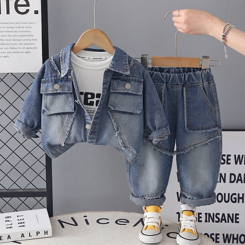 Boys' Outfit 2026 New Fashionable Children's Spring and Autumn Baby Casual Three-Piece Set with 3D Frayed Edge Denim