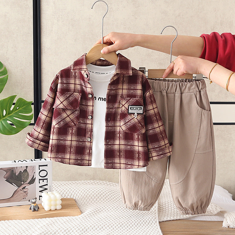 Boys' Outfit 2026 New Fashionable Children's Spring and Autumn Baby Stylish Casual Plaid Shirt Three-Piece Set