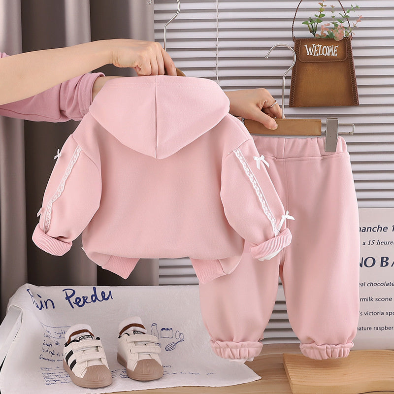 New stylish girls' outfit: sweet hooded bow jacket three-piece set for toddlers, trendy spring and autumn wear
