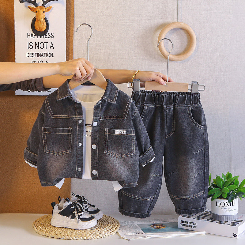 Outfit 2026 New Style Children's Boys' Spring and Autumn Stylish Solid Color Denim Jacket Three-Piece Set Trendy