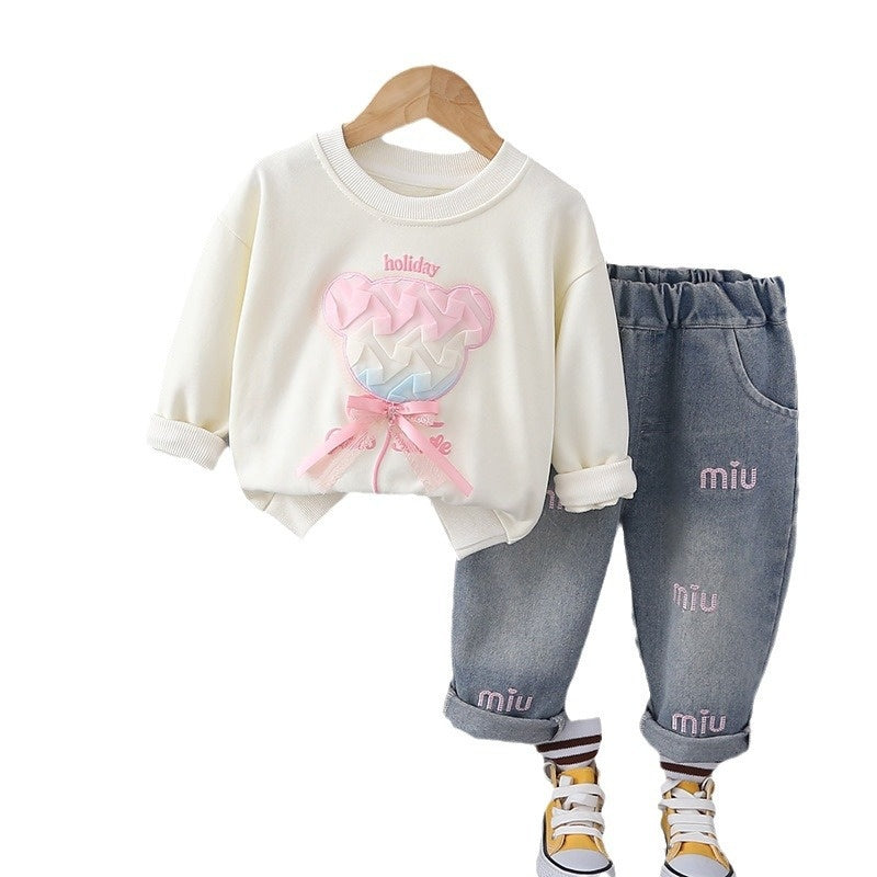 Girls' Outfit 2024 New Fashionable Baby Girl Spring and Autumn Sweet Bear Two-Piece Set Children's Sweatshirt