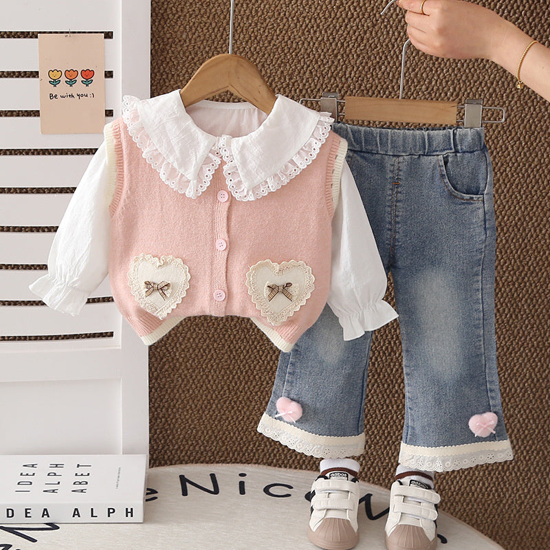 2026 New Fashionable Clothes Girls: Lace Heart Sweater Three-Piece Set, Stylish Outfit for Children, Spring and Autumn Set