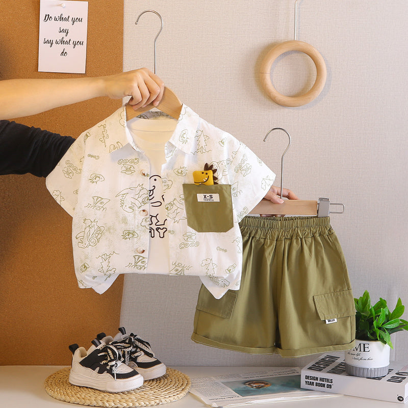 Boys' Summer Outfit 2026 New Style Pocket Dinosaur Short Sleeve Shorts Three-Piece Set Stylish for 1-4 Year Olds