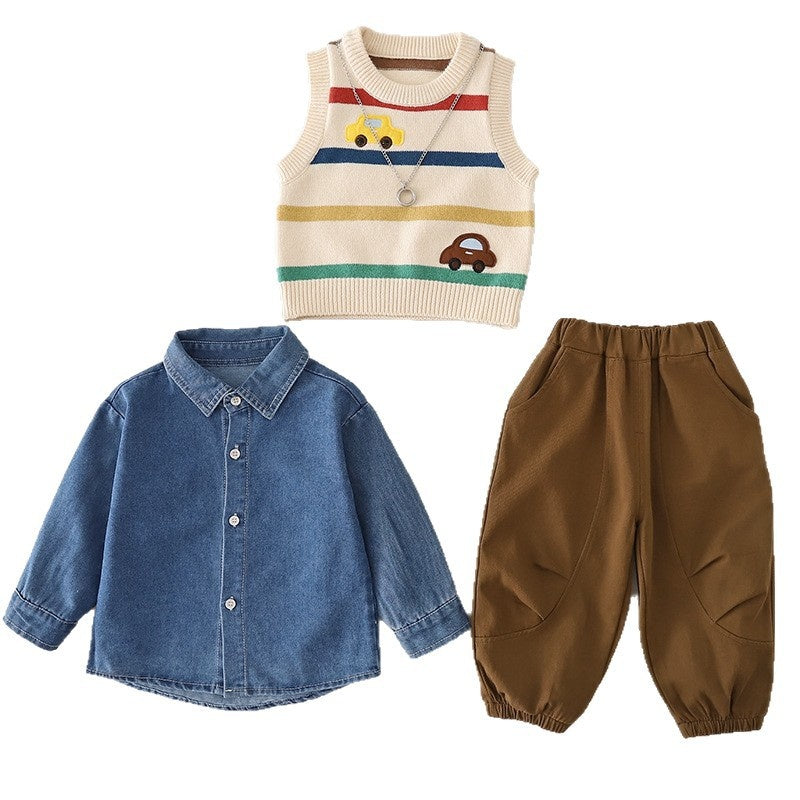 Boys' outfit set, stylish baby boy spring and autumn fashion infant clothing, striped car sweater three-piece set