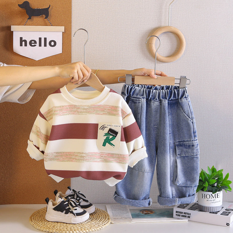 Baby boy striped pocket set, toddler casual round-neck long-sleeve stylish autumn outfit, children's two-piece trendy and cool set