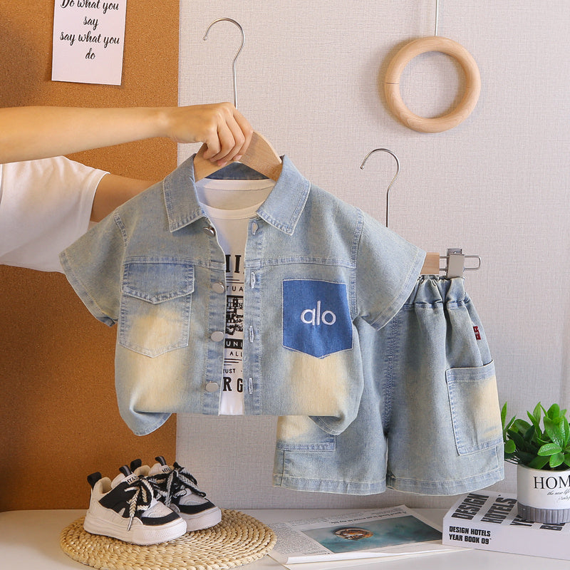 Baby Boy Outfit New Fashionable Infant Children's Faux Pocket Denim Three-Piece Set Cute Boys' Summer Clothes