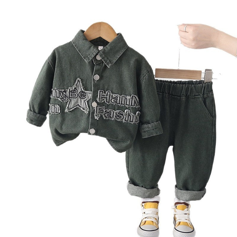 Boys' and Autumn Outfit 2026 New Style, Stylish Korean Version Young Boys, Spring Patchwork Denim Two-Piece Set for Children