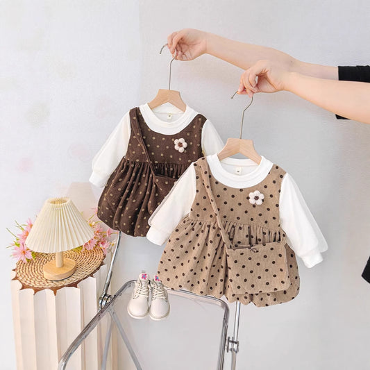 New Style Baby Long Sleeve Fake Strap Toddler Girl Little Princess Stylish Spring Autumn Dress