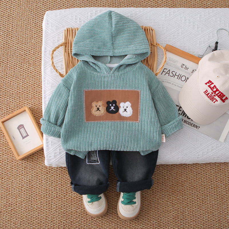 Children's Clothing Boys Spring and 2025 New Fashionable Baby Autumn Cartoon Three Bears Hooded Set