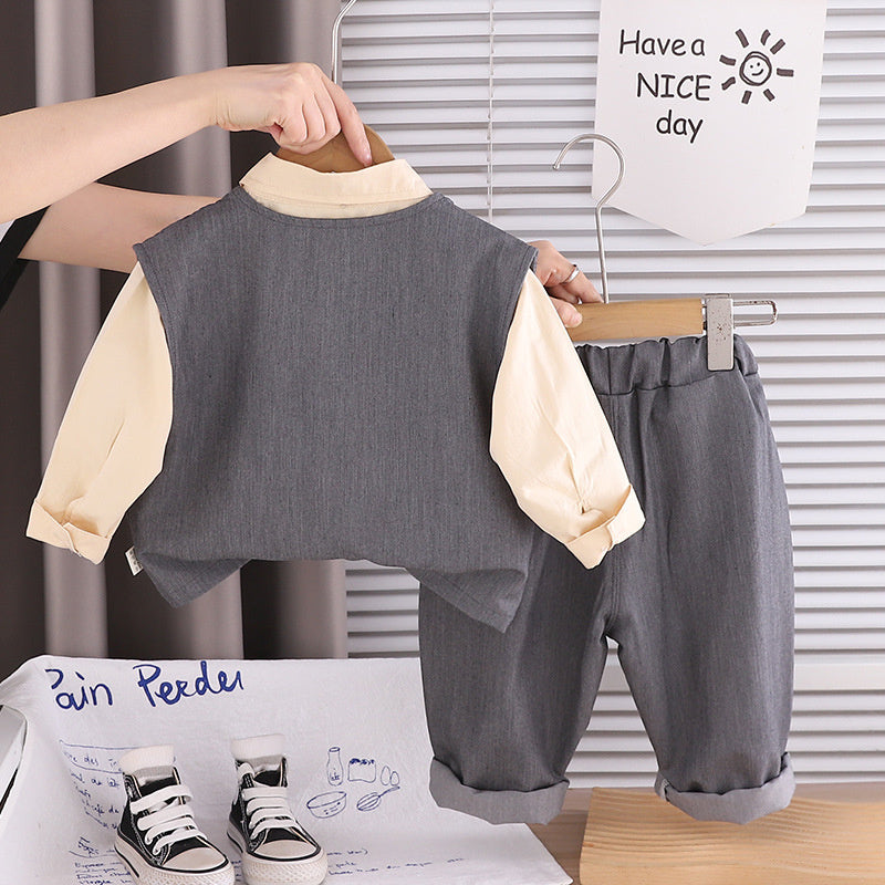 Boys' Stylish Fashion 2026 New Spring and Autumn Long-Sleeve Bear Vest Three-Piece Set for Children Casual Trendy Outfit