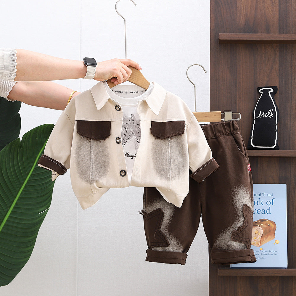 Boys' Outfit 2026 New Style Infant Children's Spring and Autumn Fashionable Baby Clothes Spray-Painted Three-Piece Set