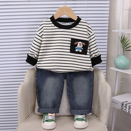 Boys' striped cartoon pocket suit 2026 new fashion stylish children's clothing for 1-year-old infants spring and autumn cute outfit