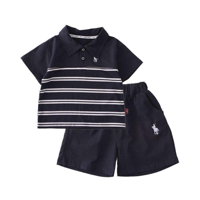 Boys' Summer Outfit: Children's Cartoon Striped Polo Shirt Short-Sleeve Shorts Two-Piece Set, Lightweight Clothing for Toddlers and Babies