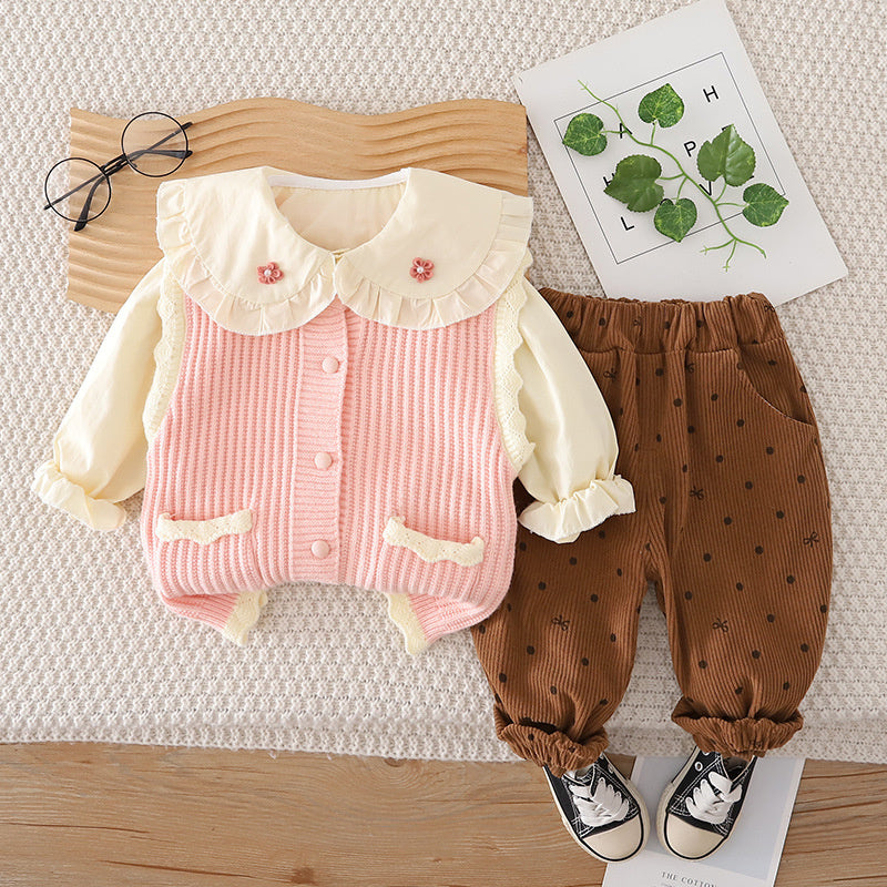 Girls' Spring Outfit for 1-2-3 Year Old Baby Girls, Stylish Fashionable Clothes, Children's Wear, Rabbit Ear Sweater Three-Piece Set