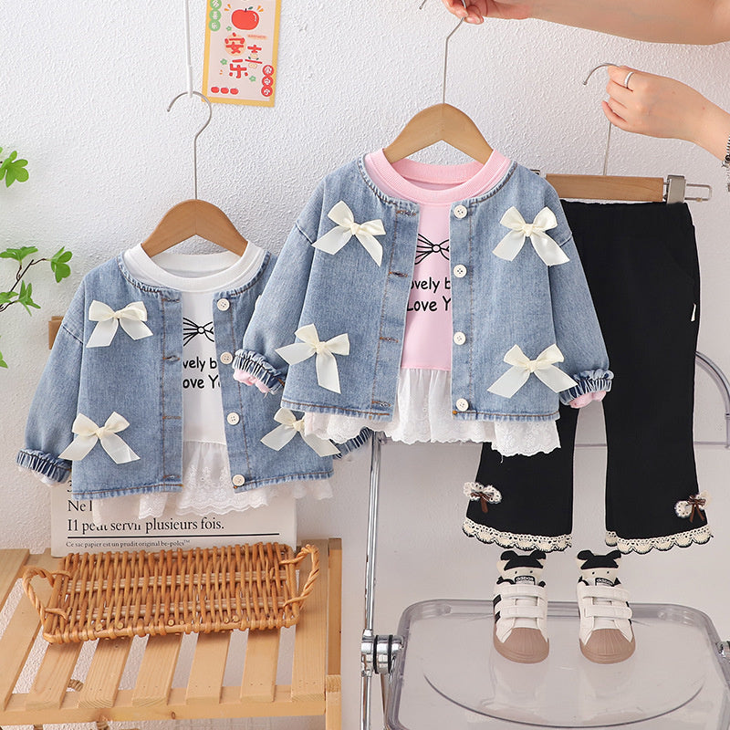 Girls' Denim 2025 New Toddler Baby Spring Autumn Bow Lace Jacket Three-Piece Set Trendy