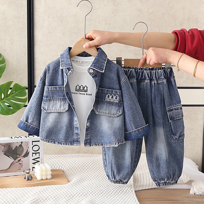 Boys' Outfit 2025 New Style 4: Stylish Children's Little Tree Denim Three-Piece Set Spring and Autumn, Trendy for 1-Year-Old Babies