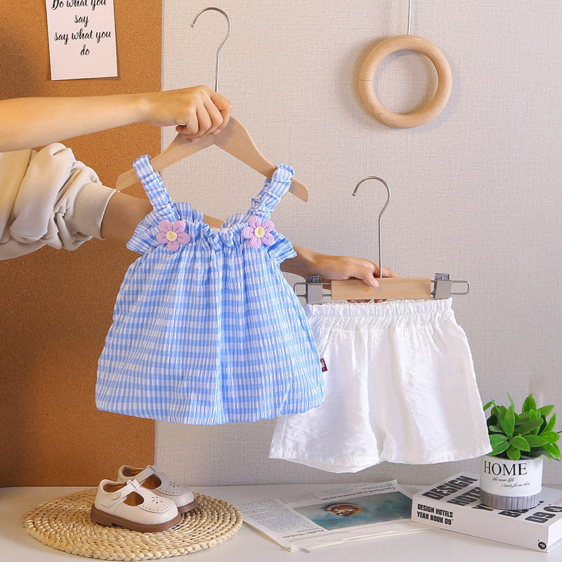 Girls' Outfit 2026 New Fashionable Floral Plaid Strap Dress Set Baby Summer Clothes Infant Korean Style