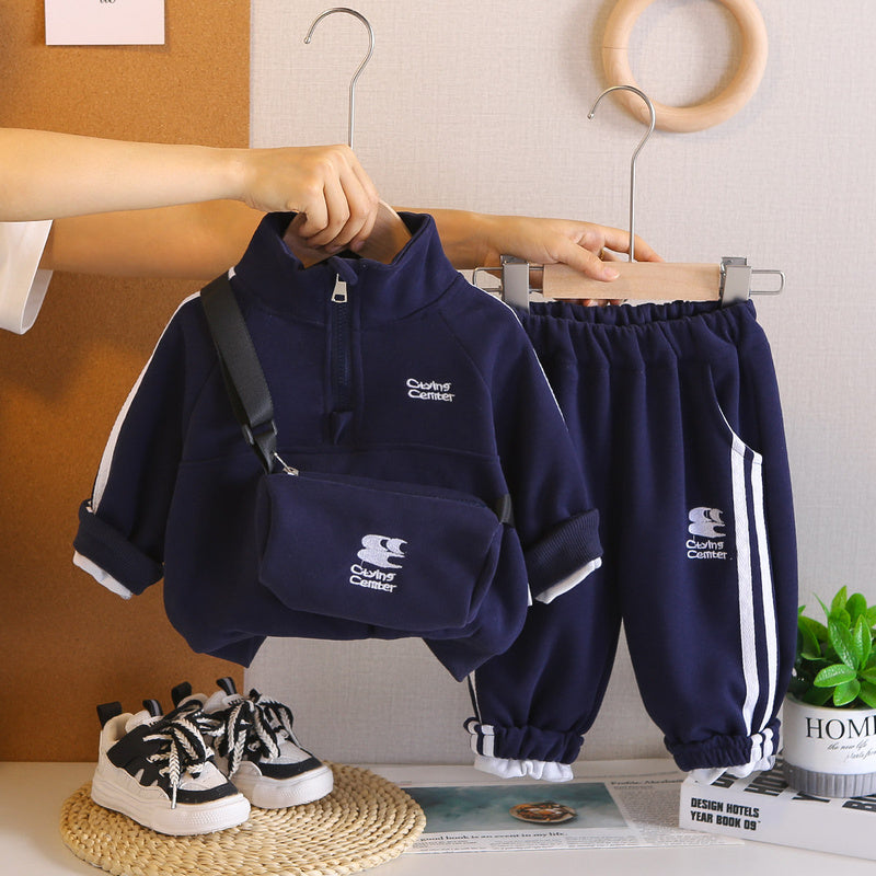 Boys' Autumn Outfit 2025 New Style Children's Long-Sleeve Clothes Stylish Baby Two-Piece Set with Half-Zip Jacket and Crossbody Bag