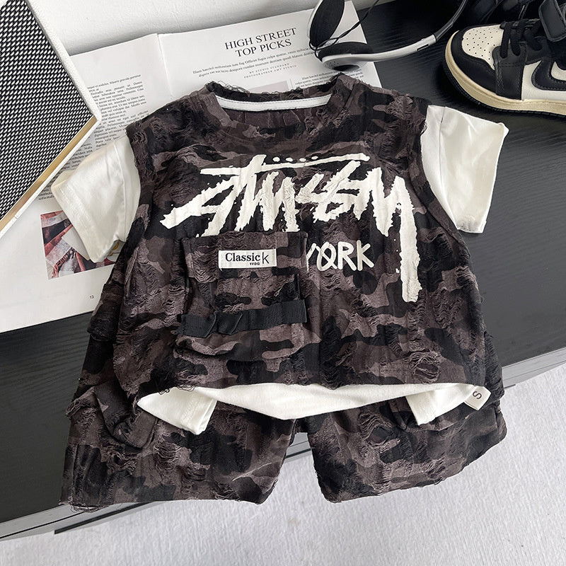 Boys' Outfit 2026 New Fashionable Short-Sleeve for Children, Stylish Baby Summer Letter Print Fake Three-Piece Set