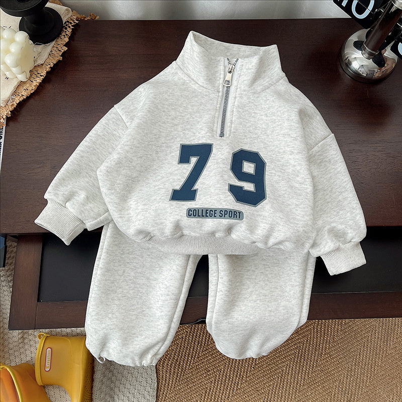 Boys' Outfit 2025 New Stylish Long Sleeve Stand Collar Half-Zip Set Baby Spring Sweatshirt Infant Children's Sportswear