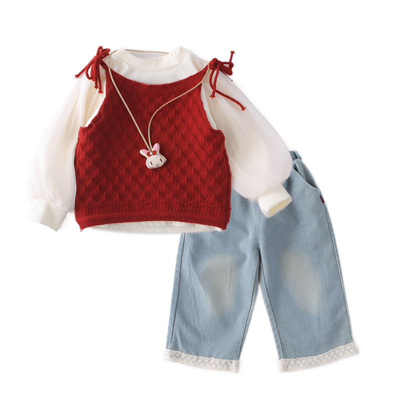 2026 Spring Outfit Baby Stylish Long-Sleeve Autumn Set for Girls, Knitted Vest, Sweater, and Camisole Three-Piece Set, Wholesale