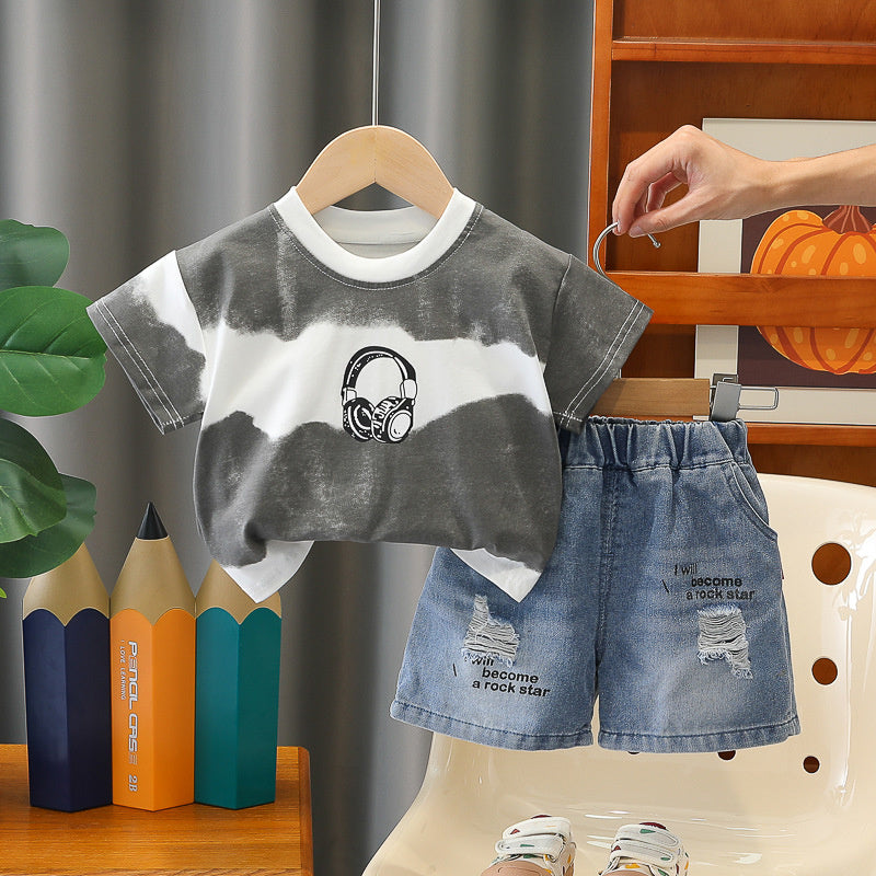 Boys' wide-striped casual short-sleeve thin T-shirt and children's summer shorts set, 26 new Korean-style baby two-piece outfit