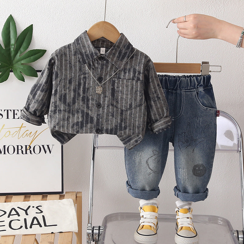 Boys' Suit 2026 New Spring and Autumn Style Children's Fashionable Striped Shirt Baby Casual Two-Piece Set Trendy Wholesale