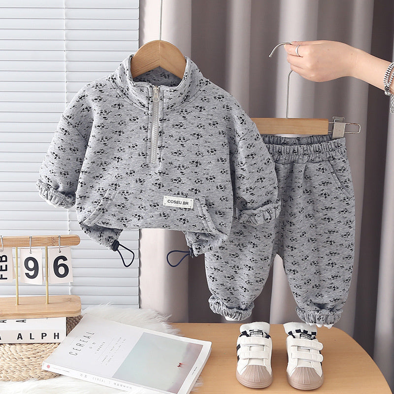 Boys Girls Spring and Autumn Outfit 2026 New Fashionable Children's Floral Casual Half-Zip Sports Sweatpants Set