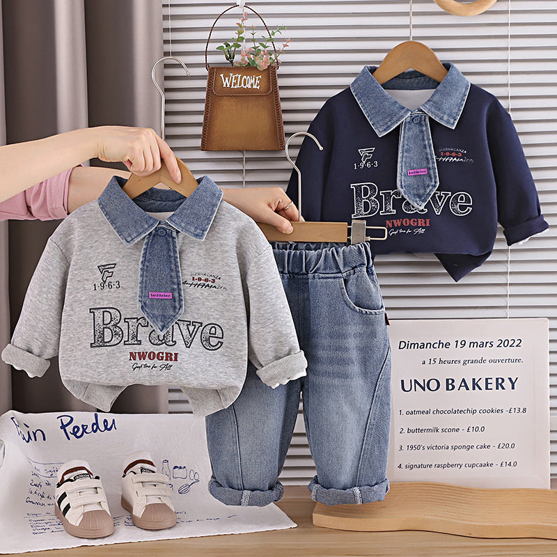 Boys' Suit 2026 New Spring and Style Children's Fashionable Baby Autumn Letter Denim Tie Two-Piece Set Trendy
