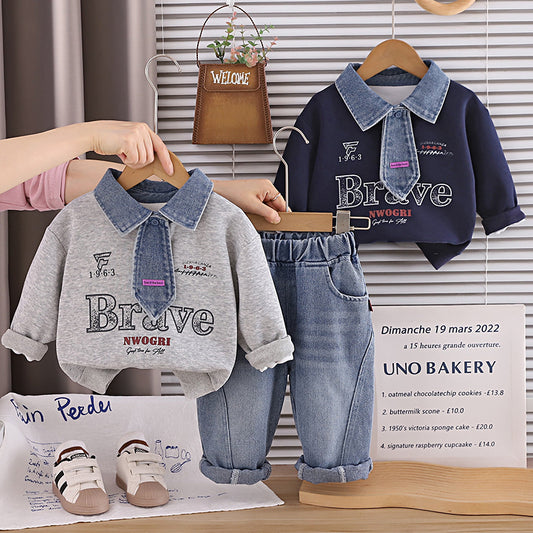 Boys' Suit 2026 New Spring and Style Children's Fashionable Baby Autumn Letter Denim Tie Two-Piece Set Trendy