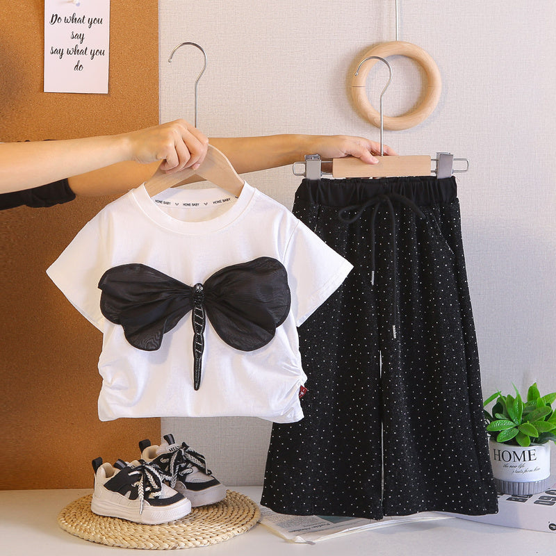 Girls' Outfit 2026 New Stylish Children's Summer Baby Girl Dragonfly Rhinestone Short Sleeve Long Pants Two-Piece Set