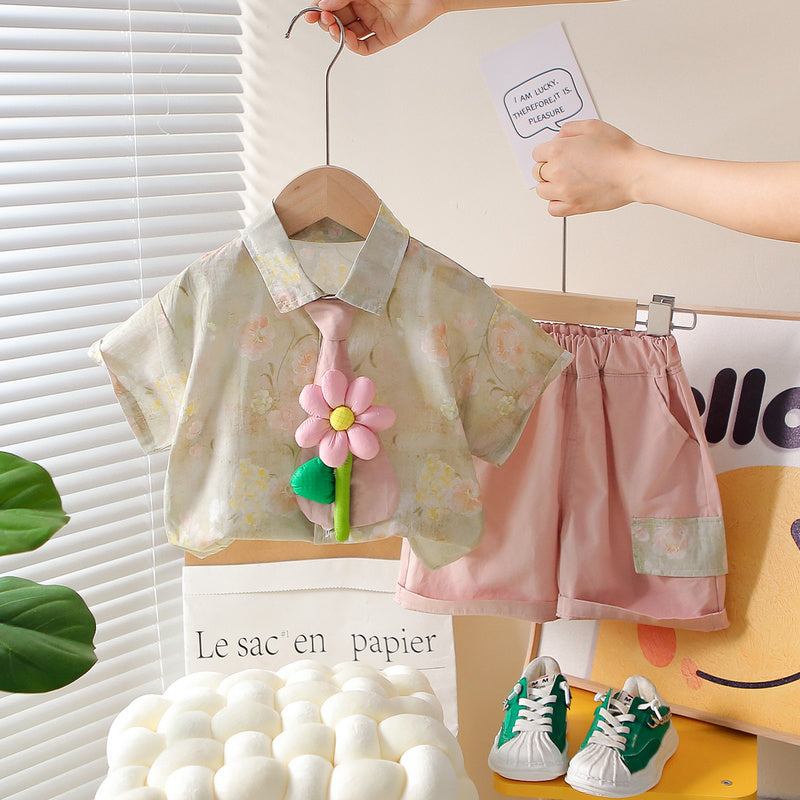 Boys' Summer Outfit 2026 New Style 1-2-3 Years Old, Stylish Floral Tie Shirt Short Sleeve Two-Piece Set for Children