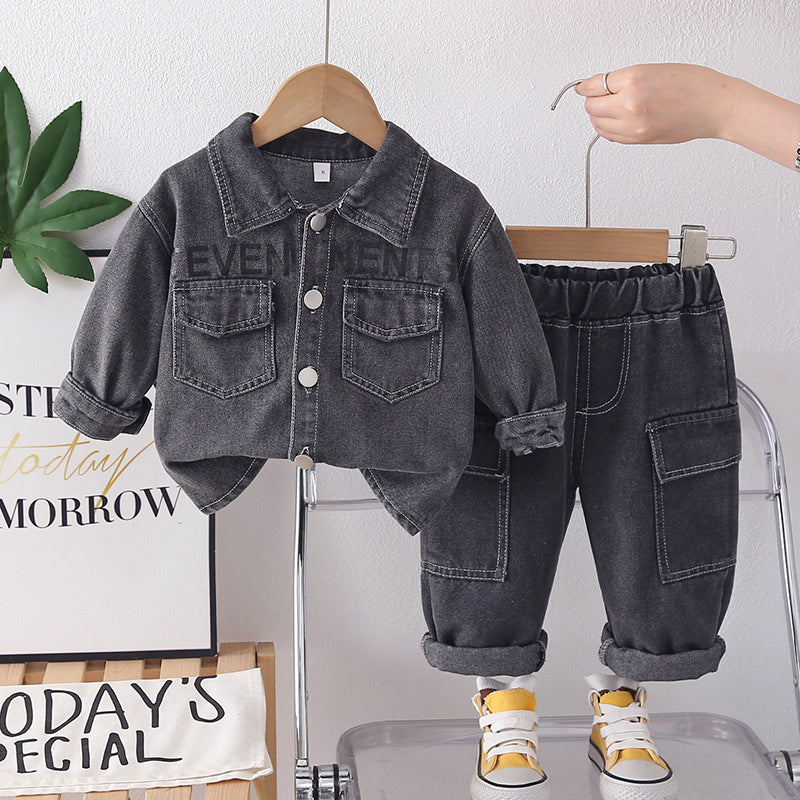 Boys' Suit for Spring and 2026 New Style Baby Autumn Outfit Korean Version Casual Stylish Turn-down Collar Denim Two-piece Set Wholesale