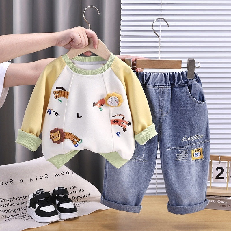 Boys' Outfit 0-4 Years Old, Stylish Spring Autumn Baby Clothes, Cartoon Lion Two-Piece Set for Infants and Children