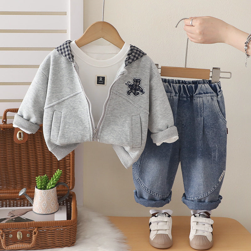 Children's Clothing 1-2-3-4 Years Old Boys Plaid Hooded Bear Three-Piece Set Baby Spring and Autumn Outfit Wholesale