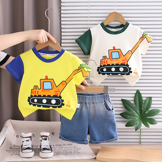 Boys' Outfit 2026 New Style Baby Summer Thin Cartoon Excavator Clothes Trendy Children's Short Sleeve Two-Piece Set