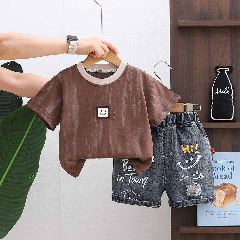 Baby Outfit Set 2026 New Style Boys' Ripped Smiley Face Short Sleeve Shorts Infant Children's Clothing Toddler Summer Fashion