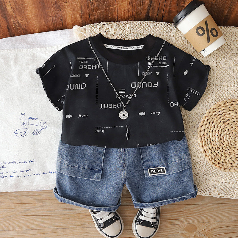 Boys' Summer Outfit 2026 New Fashionable Toddler Stylish Full Silver Letter Print Short Sleeve Two-Piece Set for Boys