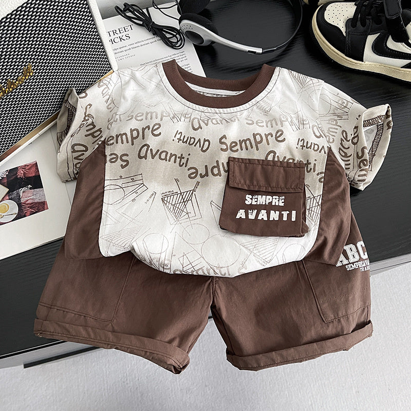 Boys' Summer Outfit 2026 New Style Infant Children's Clothing Thin for 1-3 Years Old, Baby English Pocket Short Sleeve Two-Piece Set
