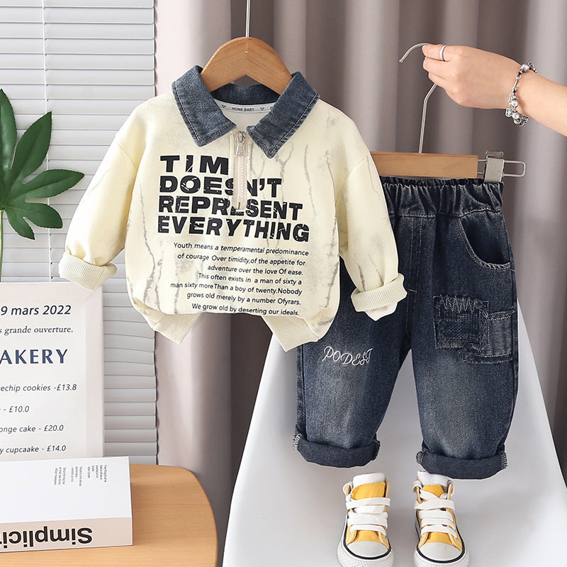 Baby clothes spring, stylish Korean-style loose long-sleeve half-zip sweatshirt set for boys aged 0 to 2 years old