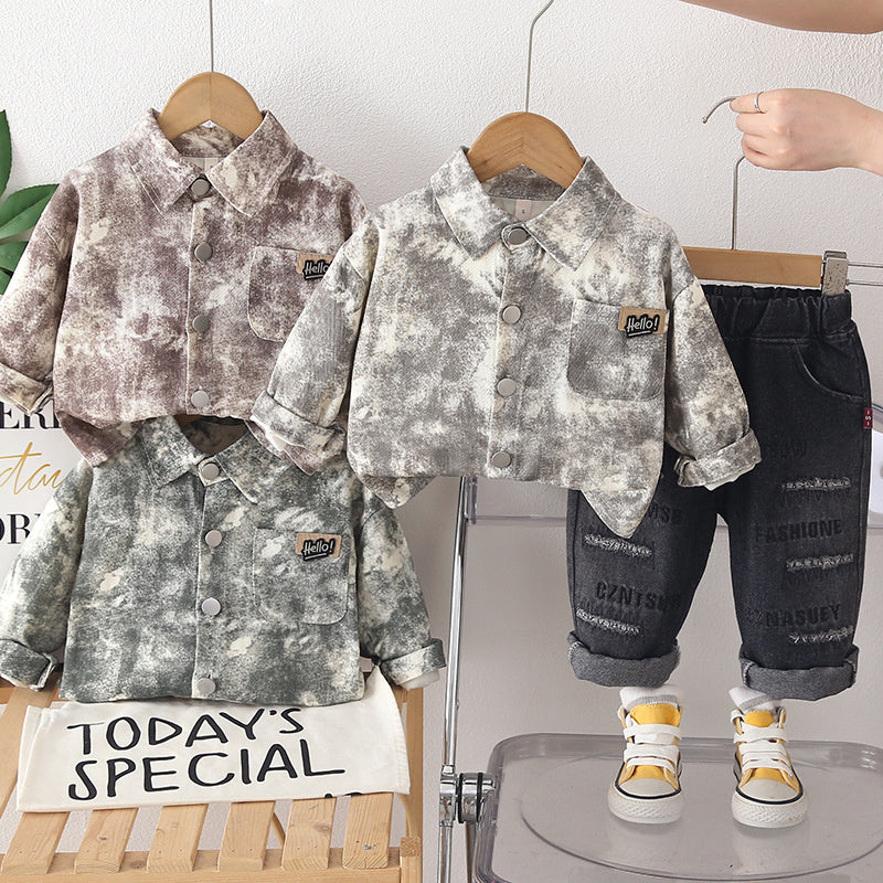 Boys' Suit Spring and Autumn, New 2026 Casual Clothes for Children, Stylish Full-Print Round-Pocket Two-Piece Autumn Outfit