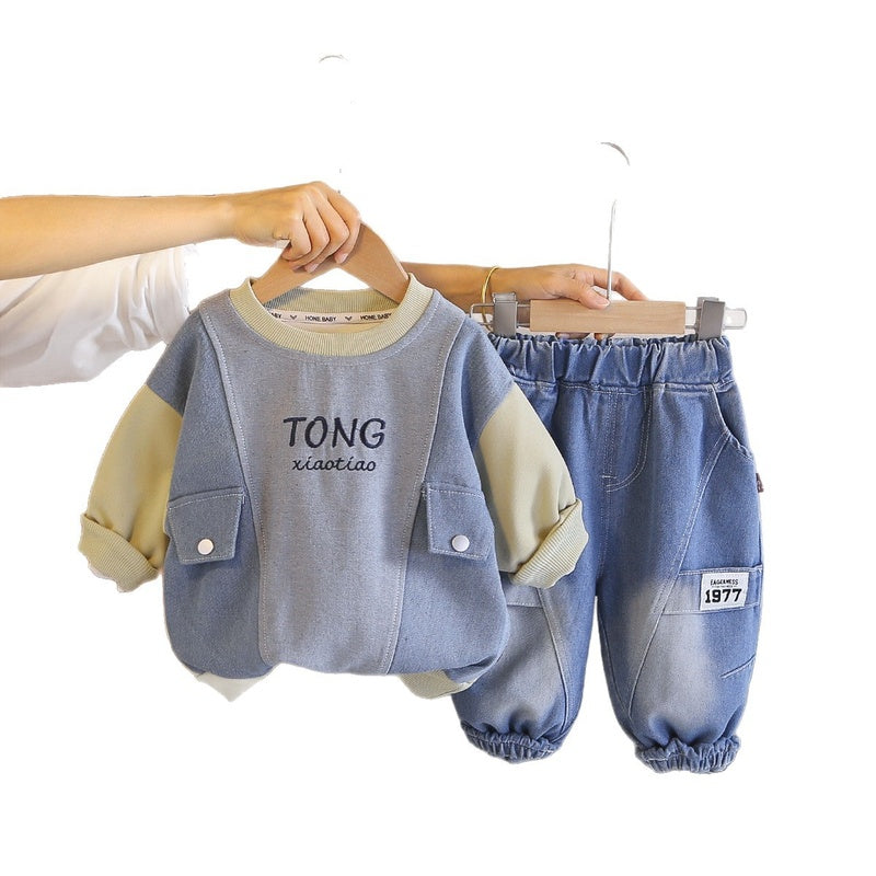 Boys' Spring and 2026 New Outfit: Children's Korean-style Pocket Color-block Denim Sweatshirt, Baby's Autumn Two-piece Trendy Set
