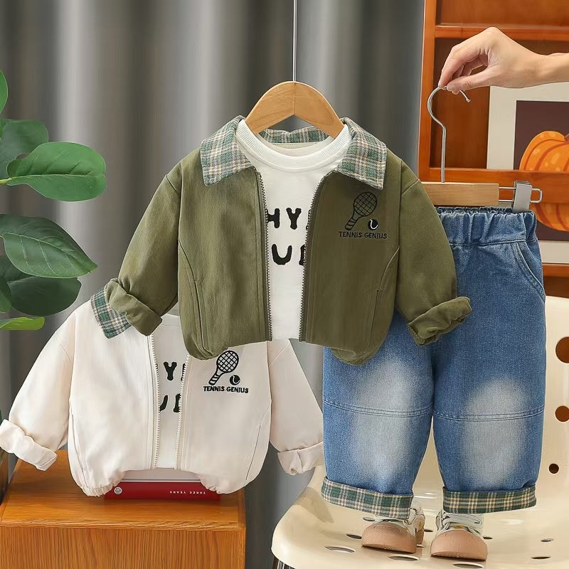 Boys' children's clothing spring autumn outfit 2026 new stylish casual toddler three-piece set with turn-down collar and long sleeves