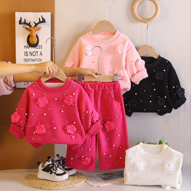 Girls' spring outfit set, stylish and fashionable, for 0-3 year old baby girls, beaded rose flower clothing, trendy children's clothes
