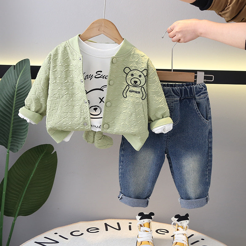 2024 New Korean Style Little Bear Cardigan Three-Piece Boys and Girls Jeans Children's Spring Outfit Set
