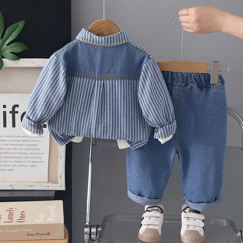 Boys' Spring Denim Vertical Stripe Patchwork Jacket 2026 Autumn New Korean Style Cool and Stylish Baby Boy Three-Piece Set
