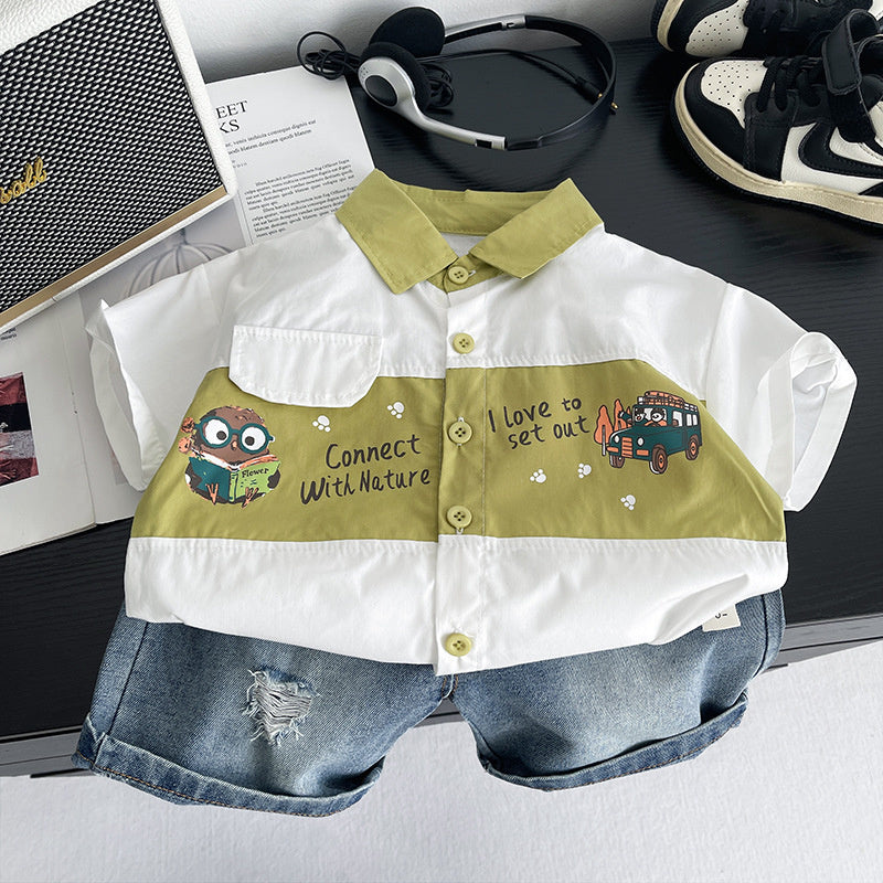 Boys' Summer Outfit 2026 New Fashionable Printed Cartoon Short-Sleeve Shirt Shorts Two-Piece Set for Infants and Children